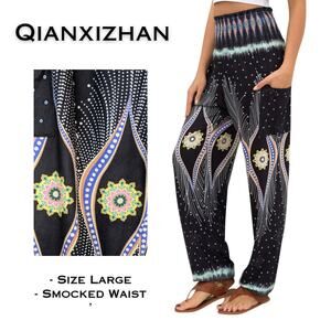 Qianxizhan Harem Yoga Pants Large Black Colorful Boho Tribal Print Smocked Waist
